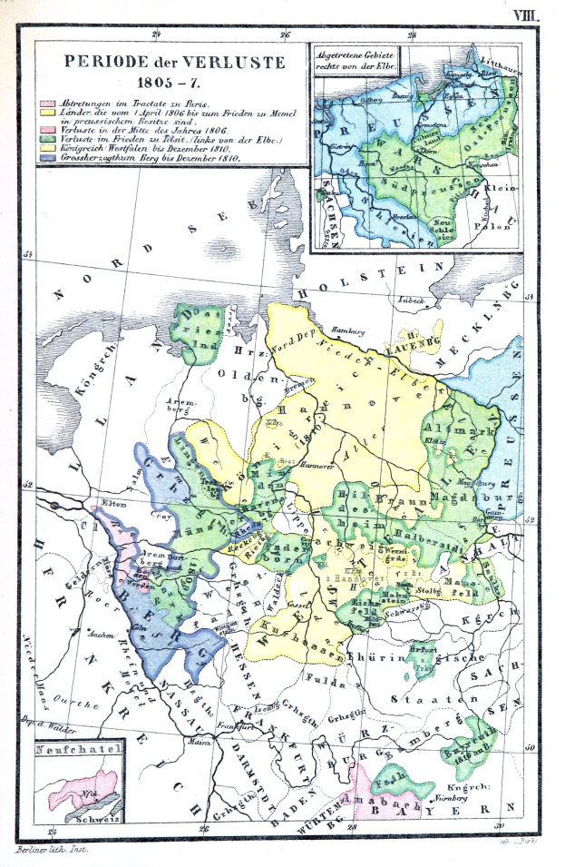 A poster of a historical map of Germany, with colored regions and labeled cities, towns, and geographical features from the Verluste period.