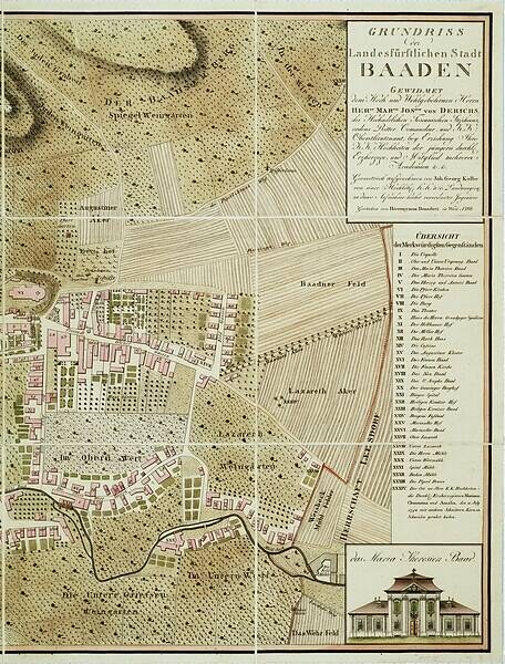 Old detailed map of Baden-Württemberg, Germany, with a building in the bottom right corner, showing streets, buildings, and other features, accompanied by text with city information.