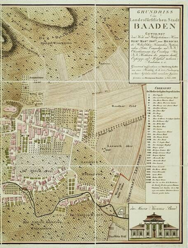 Old detailed map of Baden-Württemberg, Germany, with a building in the bottom right corner, showing streets, buildings, and other features, accompanied by text with city information.