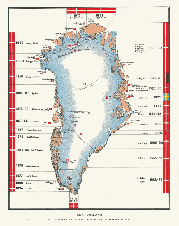 Ein Plakat von Grönland mit einer Karte, die das Ausmaß der arktischen Meereisausdehnung zeigt, begleitet von detaillierten Texten und numerischen Daten.