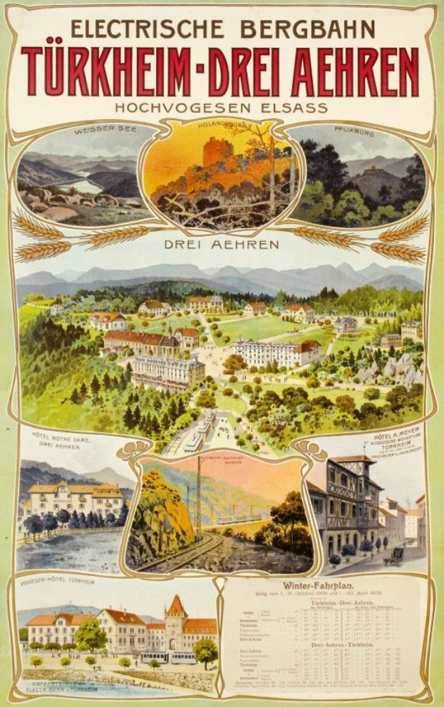 Plakat zur Werbung für Bergbahn, Deutschland als eine elektrifizierte Stadt, das Gebäude, Bäume, Hügel und Text zeigt.