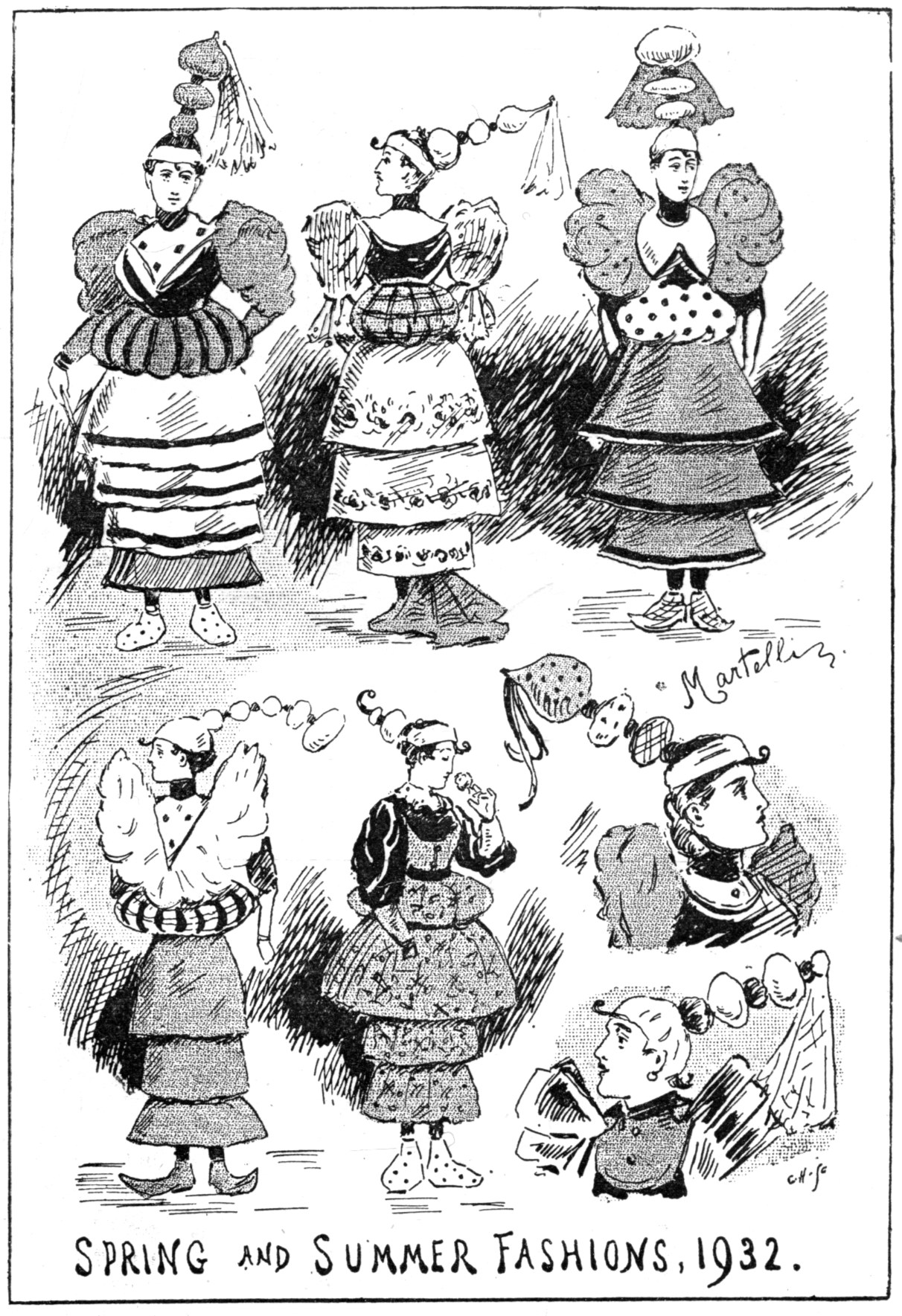 Black and white illustration of women wearing 1932 spring and summer fashion dresses, accompanied by descriptive text.