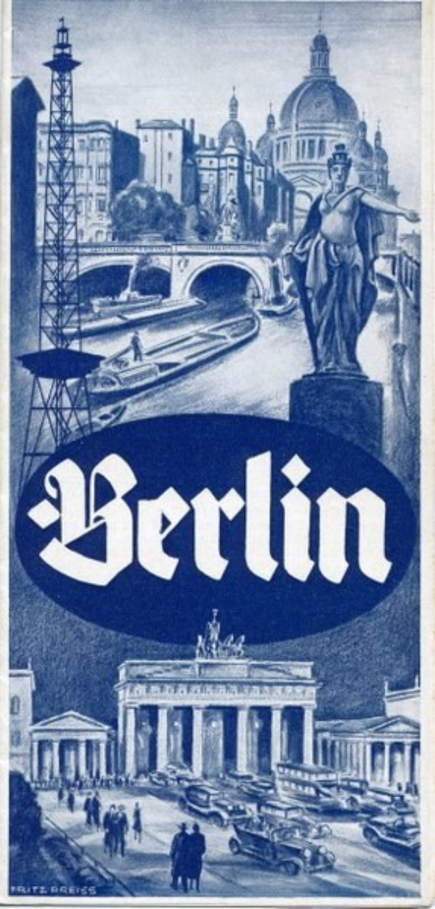Plakatwerbung Berlin, Deutschland, zeigt eine Statue, Gebäude, einen Turm, Menschen, Fahrzeuge auf einer Straße und eine Brücke mit Text, der Stadtinformationen bereitstellt.