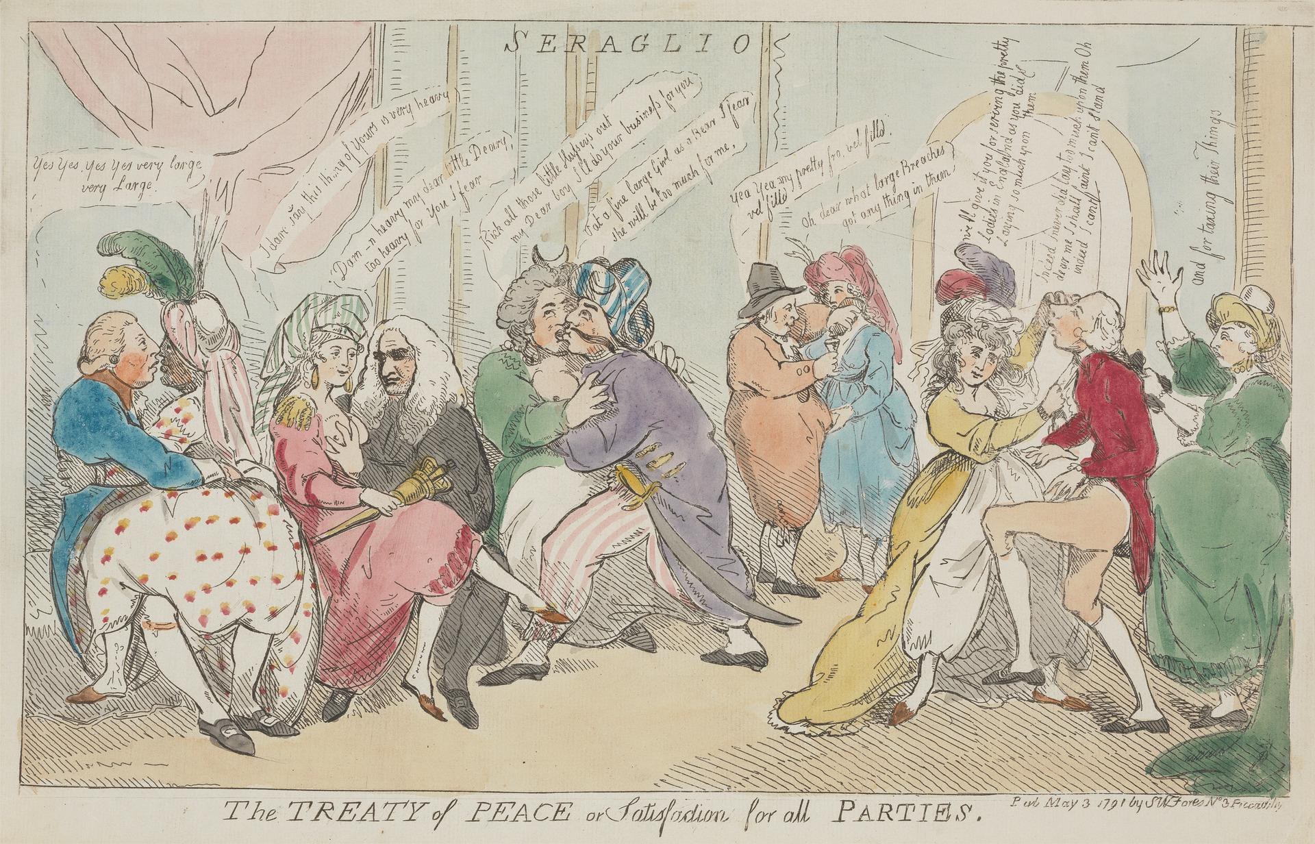 A paper with a drawing of people sitting and standing, discussing "The Treaty of Peace for All Parties."