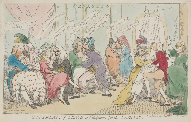 A paper with a drawing of people sitting and standing, discussing "The Treaty of Peace for All Parties."