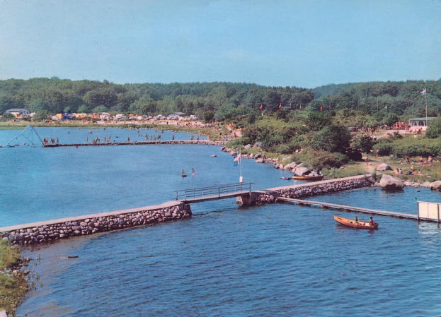 Ein altes Foto eines Sees mit einem Boot, einer Brücke, Flaggen, Felsen, Bäumen, Gebäuden und einem Himmel im Hintergrund, das viele Menschen beim Schwimmen zeigt und Text auf dem Bild.