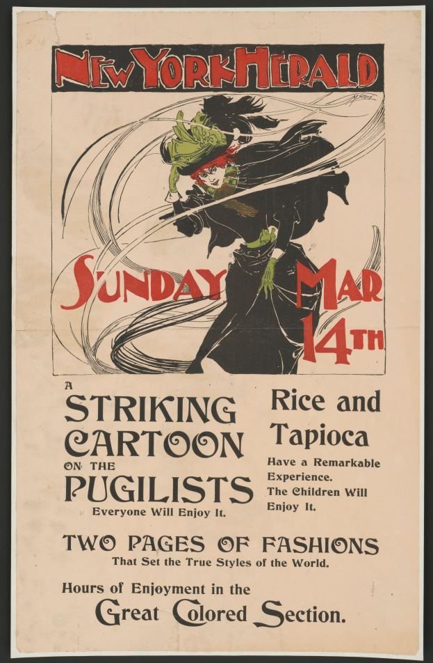 Ein Plakat für die New York Herald vom 14. März, das eine Karikatur einer Frau mit menschlichem Gesicht zeigt und einen Text enthält, der ein Ereignis beschreibt.