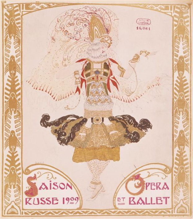 Plakat für eine Pariser Ballettvorstellung von 1909 mit dem Titel "Saison Russe", das eine gemalte Tänzerin in einer anmutigen Pose mit der Aufschrift "Opera et Ballet" darüber zeigt.