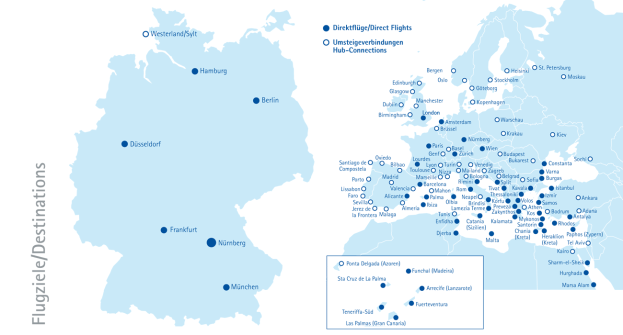 Eine Deutschlandkarte, die wichtige Städte, Hauptstädte und Flugrouten von Frankfurt nach München zeigt.