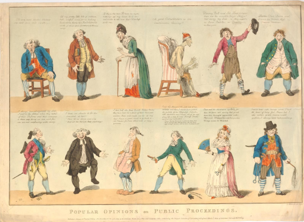 A paper with images of people and handwritten text summarizing public opinions on proceedings.