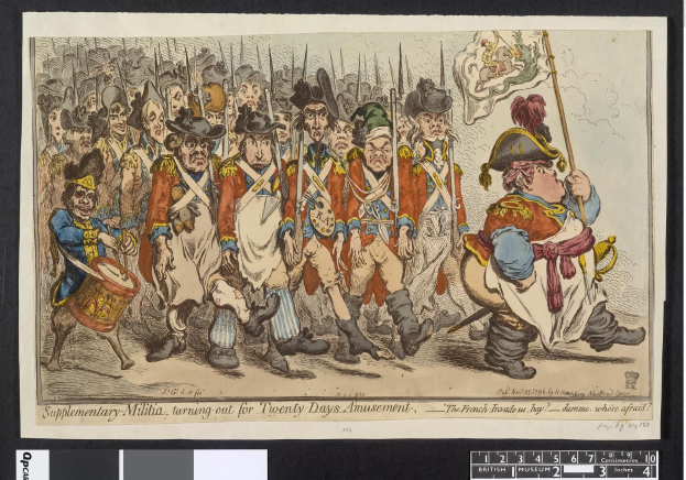 Gruppe von Männern in Militäruniformen marschiert auf einer Straße, einer hält einen Stock in der Hand, mit Text 'Ergänzungsmiliz, zum 20-tägigen Vergnügen antretend' unten.