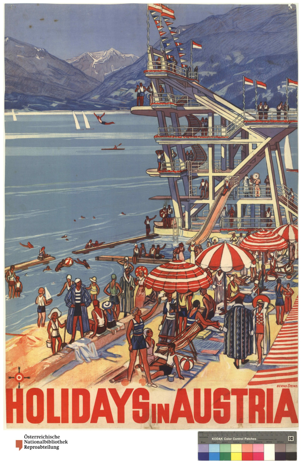 Plakat, das Urlaube in Österreich bewirbt und Menschen am Strand mit Schirmen, einem Schiff im Hintergrund, Fahnen und fernen Bergen zeigt.