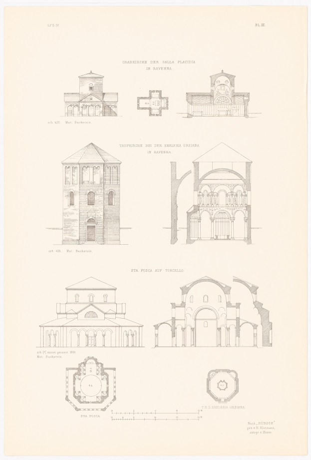 A page from a book featuring detailed drawings of various buildings with unique architecture, accompanied by descriptive text about their history.