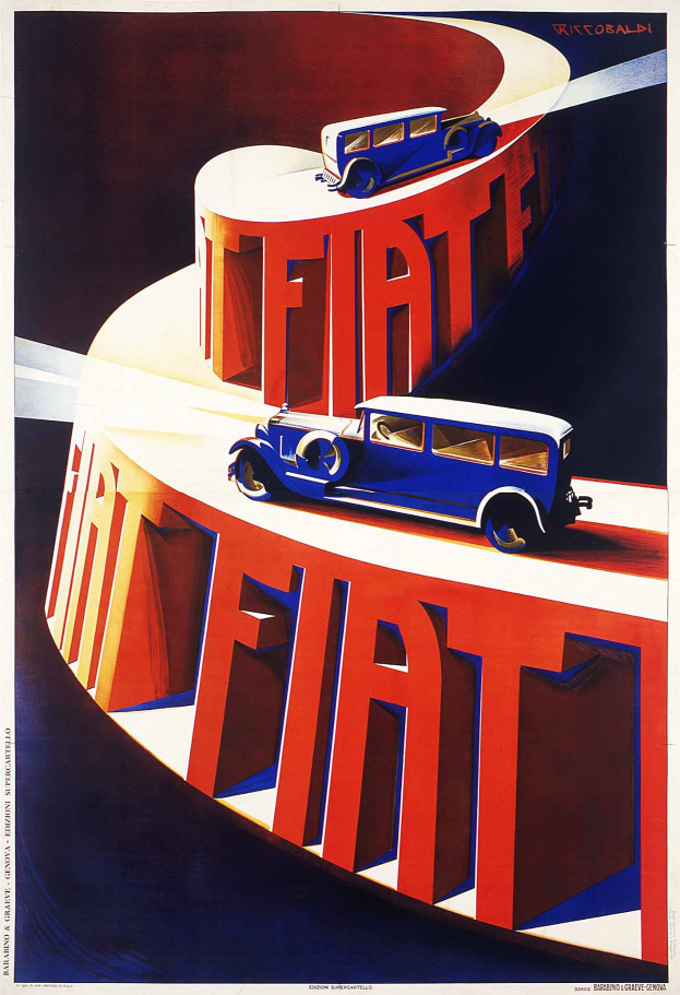 Plakatwerbung für Fiat-Autos, das einen blauen und einen roten Wagen mit Fiat-Logo und Text zeigt.