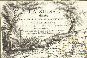 Ein Plakat mit einer Karte der Schweizer Landschaft mit Illustrationen von Bäumen, Tieren und anderen Gegenständen sowie Begleittext.