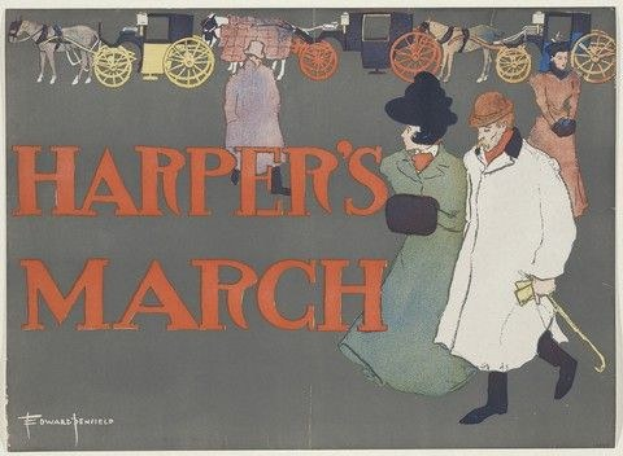 Poster advertising Harper's March, featuring a group of people and horse-drawn carts with text providing event details.