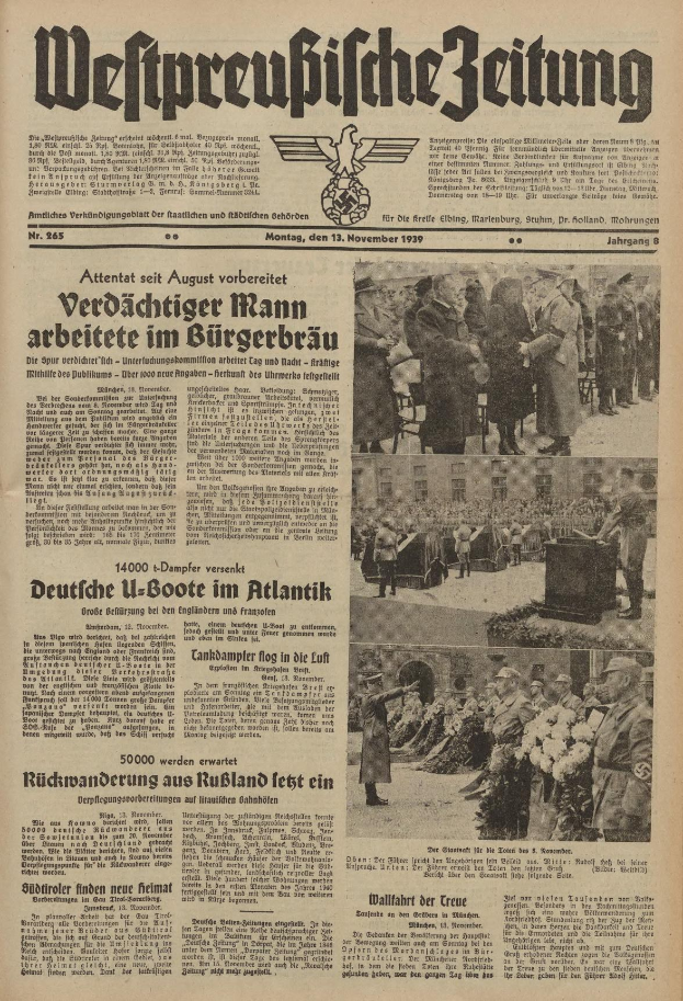 Black-and-white front page of a German newspaper dated November 13, 1939, with the headline "Weitpreubliche Zeitung" and a photo of people in traditional German attire celebrating.