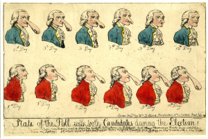 Black and white drawing of a man's face with various expressions, titled "State of the Poll with Both Candidates During the Election," featuring a thoughtful expression with eyes looking aside and slightly open mouth, neat hair, and plain clothing.