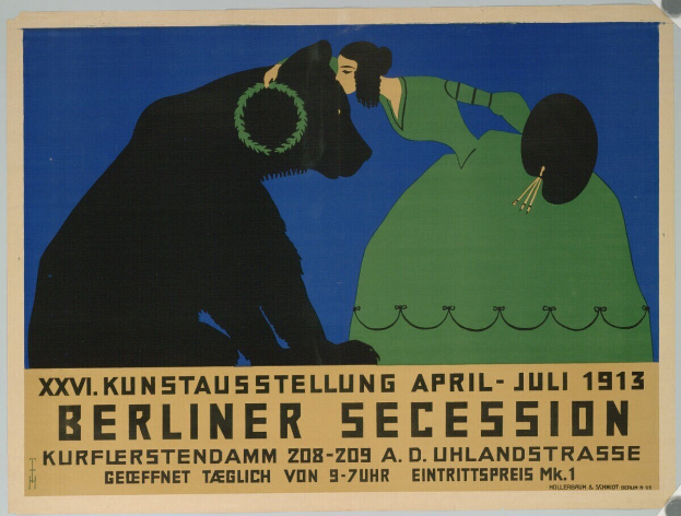 Plakat für die Berliner Secession Ausstellung 1913, das eine Frau und einen Hund mit Text zeigt