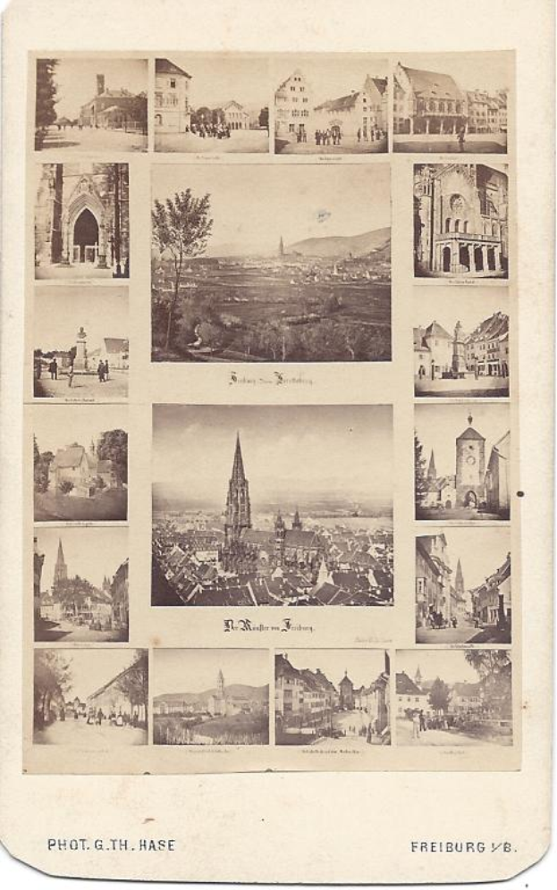 Ein Schwarz-Weiß-Foto von Freiburg, Deutschland, mit verschiedenen Gebäuden, Bäumen und Menschen, sowie dem Städtenamen als Text unten.
