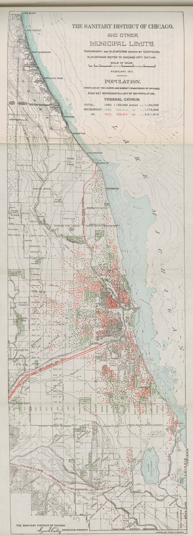 Ein altes Kartenbild des Sanitären Bezirks von Chicago, mit Text, der die städtischen Grenzen der Stadt beschreibt.