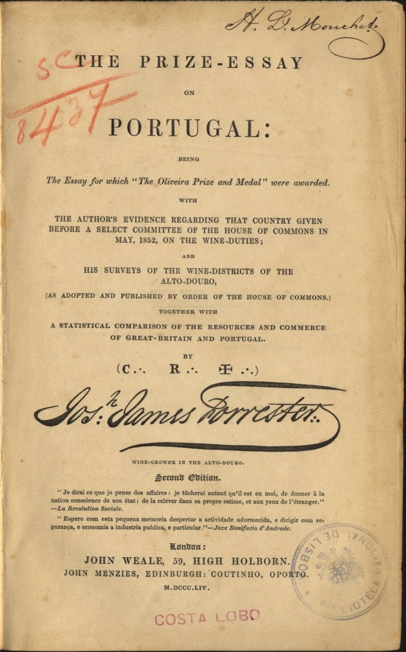 Old book titled "The Prize-Essay on Portugal" with a black background and a stamp on its cover.