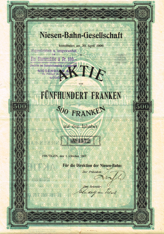Ein altes deutsches Aktienzertifikat mit einem grünen Rand, das den Text 'Niesen-Bahn-Gesellschaft' trägt und wahrscheinlich von der deutschen Regierung ausgegeben wurde.