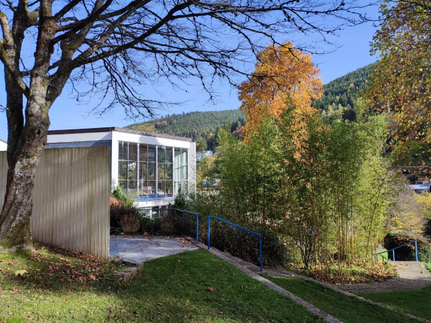 Das Universit├Ątsgeb├Ąude in Stuttgart mit einem Baum davor, umgeben von Gras, trockenen Bl├Ąttern, Pflanzen und einem Gel├Ąnder, mit H├Ąngen und einem klaren blauen Himmel im Hintergrund.