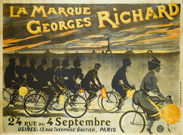 Plakat, das ein Fahrradrennen in Paris ankündigt, mit einer Gruppe von Radfahrern und dem Eiffelturm im Hintergrund, einschließlich Text auf dem Plakat.