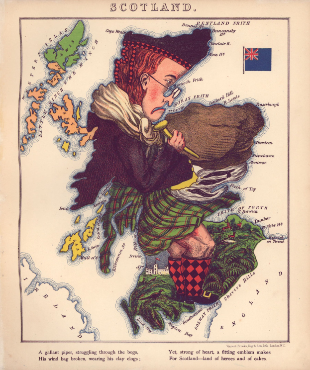 Old map of Scotland with a man in a kilt playing bagpipes, wearing traditional Scottish attire, printed on paper with text and a flag.