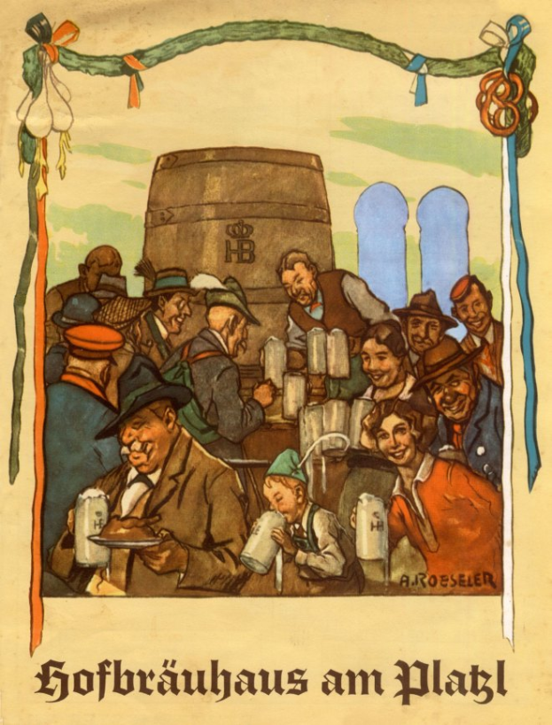 Eine Gruppe von Menschen, die Biergläser halten, mit einem Fass im Hintergrund, bewirbt ein Bierfest in Deutschland, mit deutschem Text unten.