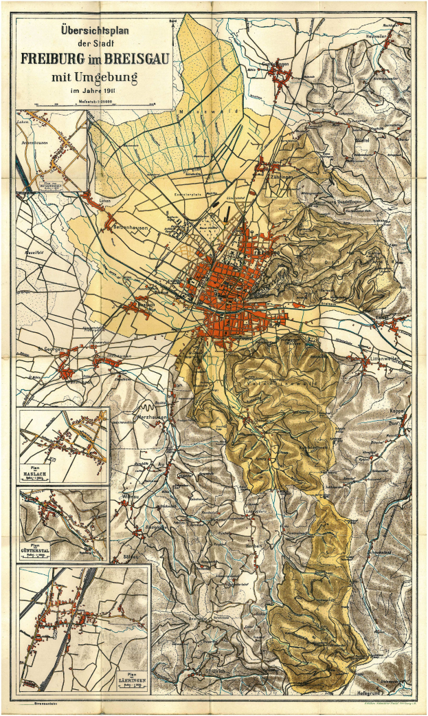 Ein detaillierter alter Stadtplan von Freiburg, Deutschland, mit Straßen, Gebäuden und Sehenswürdigkeiten und Text oben und unten.