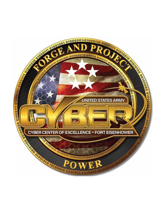 Logo of the United States Army Cyber Center of Excellence, Fort Eisenhower, featuring a blue circle with a white star and the text "Forge and Project Cyber Power" below in bold black font.