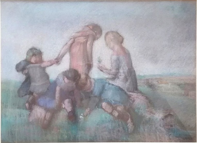 Malerei von Kindern, die in einem hellen, fröhlichen Feld spielen, in einem Foto Rahmen.