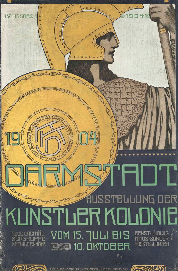 Ein Plakat, das ein Konzert in Berlin im Jahr 1904 ankündigt, zeigt eine Person in einem Helm und einem Schild, mit 'Darmstadt' und 'Künstlerkolonie' in fetter Schrift.