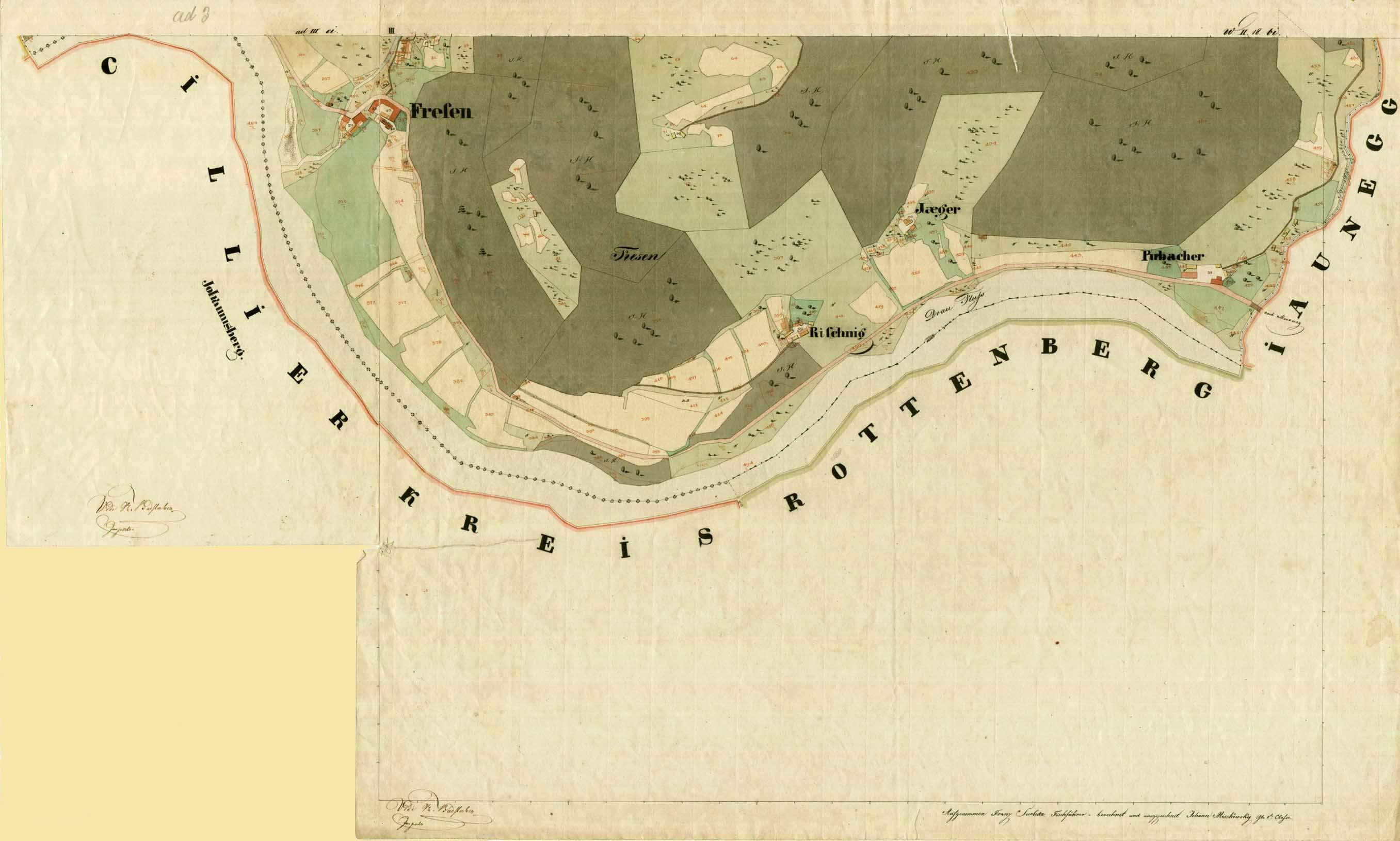 Detailed old map of Freien, Germany, showing streets, buildings, landmarks, and text with population, location, and historical information.
