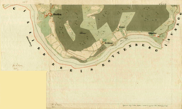 Detailed old map of Freien, Germany, showing streets, buildings, landmarks, and text with population, location, and historical information.