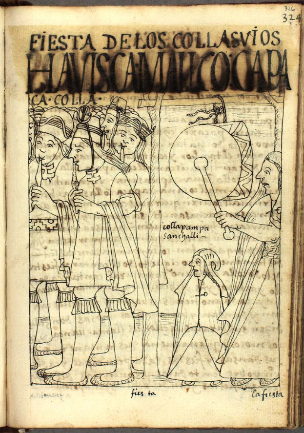Offenes Buch mit der Aufschrift "Fiesta de los Collasvios Haviscamalco Capa", das eine Zeichnung von Menschen in traditioneller mexikanischer Kleidung zeigt, die im Kreis um einen Trommler tanzen, mit fetter schwarzer Schrift auf einem hellgelben Hintergrund.