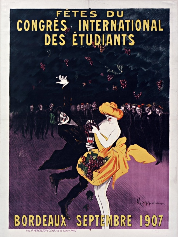 Plakat für eine Weinprobe in Bordeaux 1907 mit einer Frau in gelbem Kleid und einem Weinglas, umgeben von einer Menge, mit Text zur Ankündigung des Ereignisses.