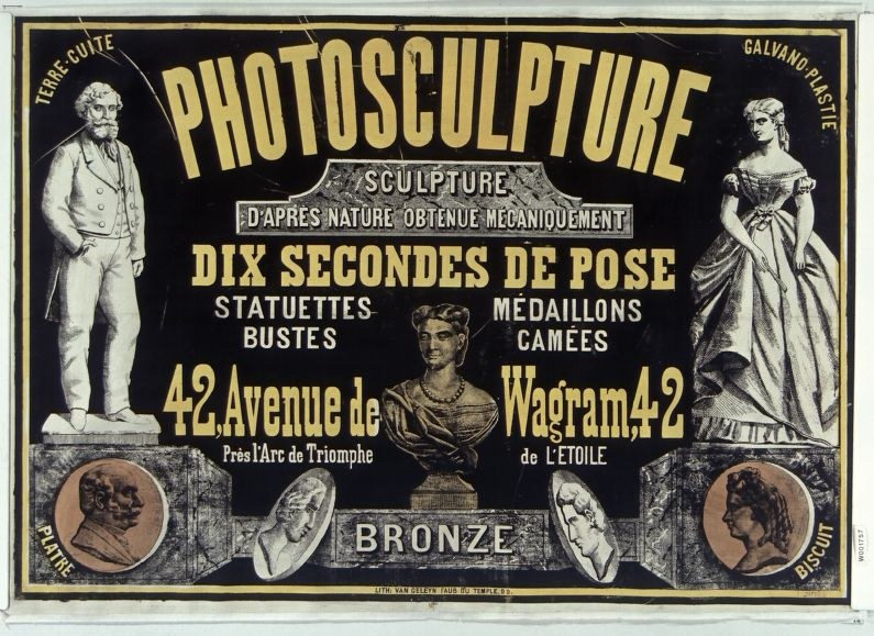 Plakat wirbt für eine Skulpturenausstellung in Paris, Frankreich, zeigt Bilder von Skulpturen und Text.