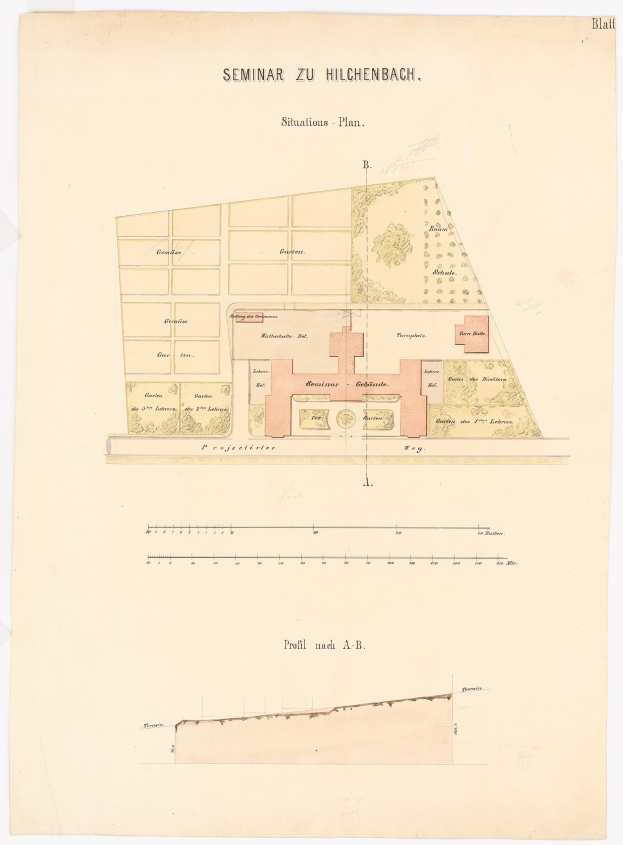 Black and white architectural site plan for the seminar in Hilchenbach, featuring text and a detailed building layout drawing.