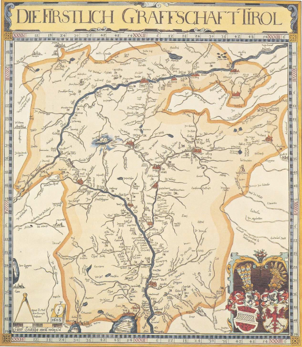 A detailed historical poster of the first German Grafschaft Tirol map, featuring geographical features, cities, and accompanying text.