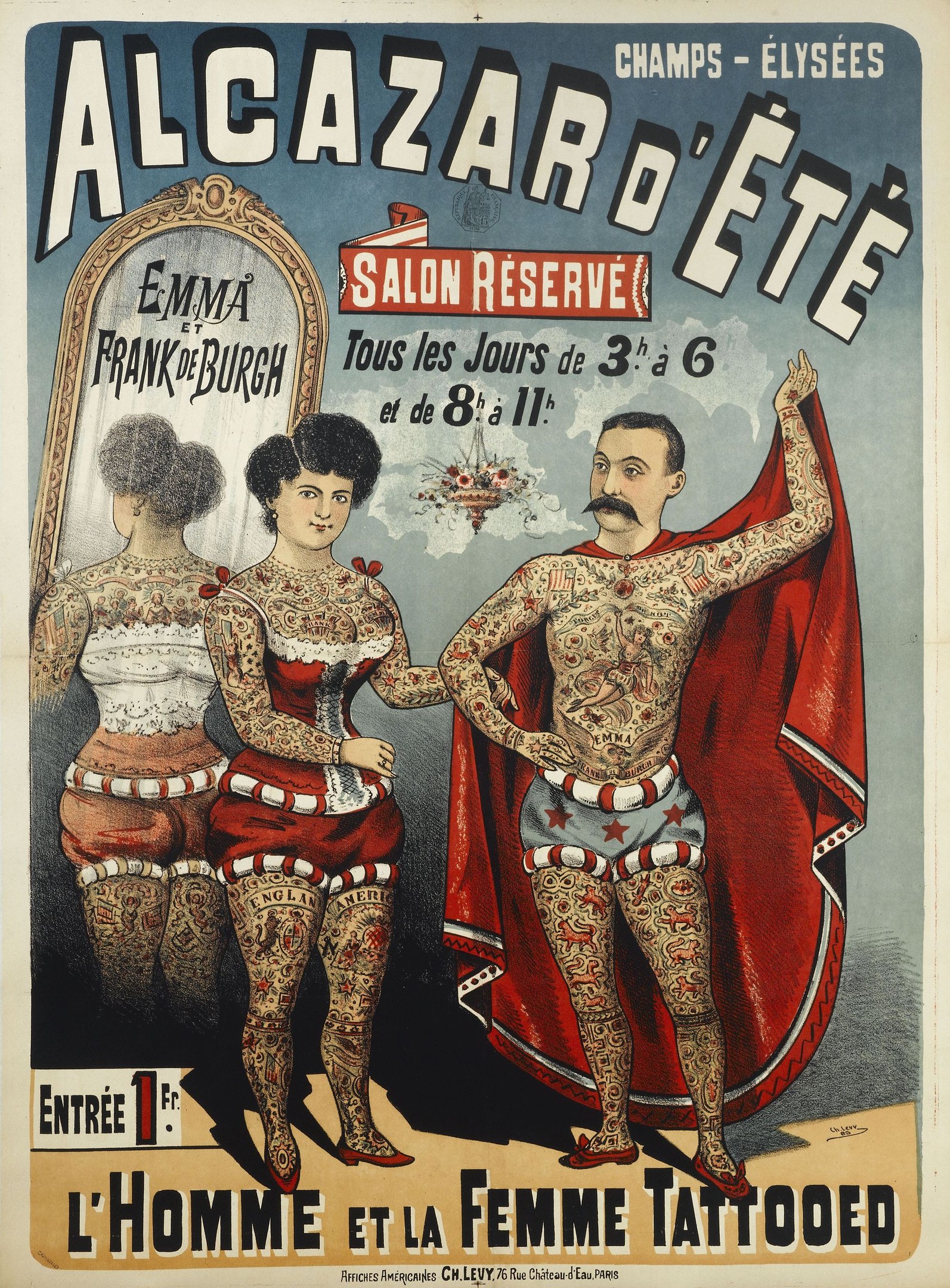 Poster advertising a tattoo parlor in Paris, featuring a man and a woman with visible tattoos standing side by side, with text promoting the salon.