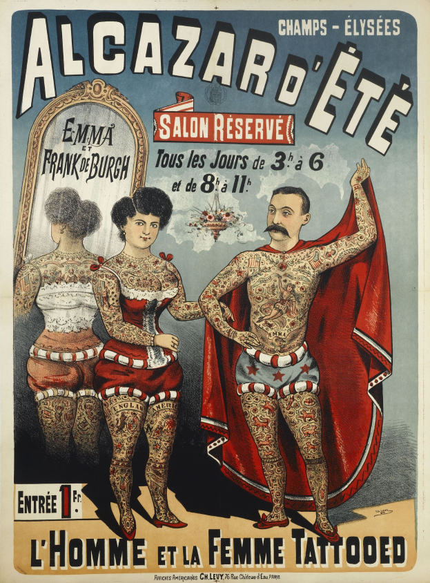 Poster advertising a tattoo parlor in Paris, featuring a man and a woman with visible tattoos standing side by side, with text promoting the salon.