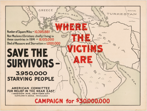 Plakat mit einer Weltkarte und dem Text "Wo die Opfer sind: Retten Sie die Überlebenden - 3.950.000 hungernde Menschen", das auf die Auswirkungen des Krieges aufmerksam macht und dringendes Handeln fordert.