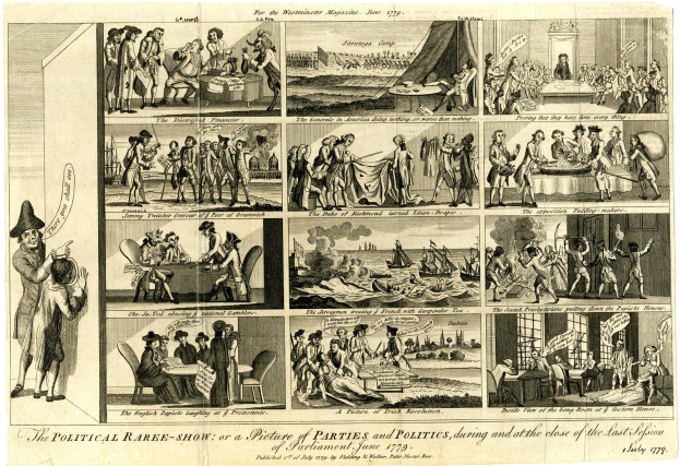 Eine Zeitung mit einer Collage aus Bildern und Texten über politische Ereignisse und Figuren aus der letzten Parlamentssitzung, mit detaillierten Illustrationen von Menschen, Booten und anderen Gegenständen.