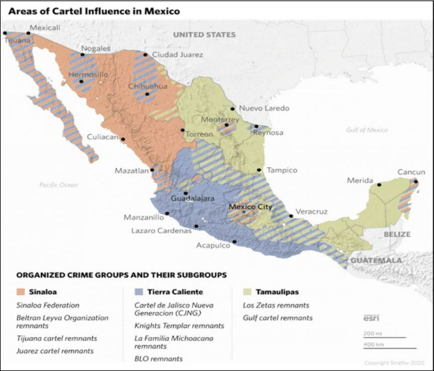 Ein Plakat mit einer farbcodierten Karte von Mexiko, die die Einflussgebiete der Kartelle zeigt und begleitenden erklärenden Text.