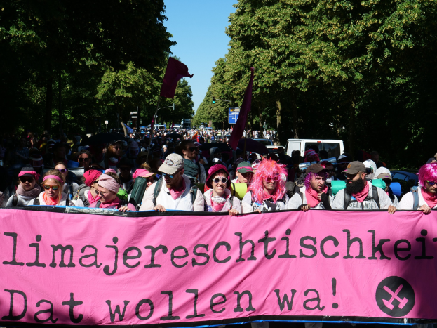 Eine Gruppe von Menschen marschiert die Straße entlang, hält ein pinkes Banner mit der Aufschrift "Women's March in Berlin", einige tragen Mützen und Schutzbrillen, andere halten Fahnen, vor einem Hintergrund aus Bäumen, Fahrzeugen und Himmel.