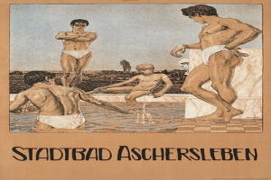 Ein Plakat für ein Schwimmbad in Aschersleben, Deutschland, das Menschen im Wasser zeigt, darunter einen sitzenden, begleitet von Text über die Einrichtungen des Schwimmbads.