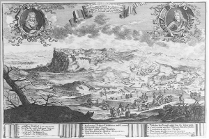 Eine Schwarz-Weiß-Radierung einer Landschaft mit einem Schloss im Hintergrund, Bäumen, Menschen und anderen Gegenständen im Vordergrund und Text oben und unten, der "Die Schlacht von Stuttgart" lautet.